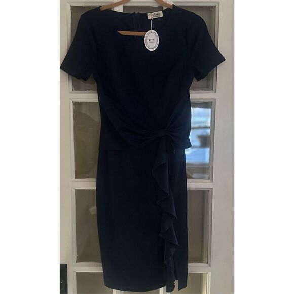 Women's navy blue size small Dress Vintage Ruffle Cocktail Pencil Knee Dress - Picture 6 of 9